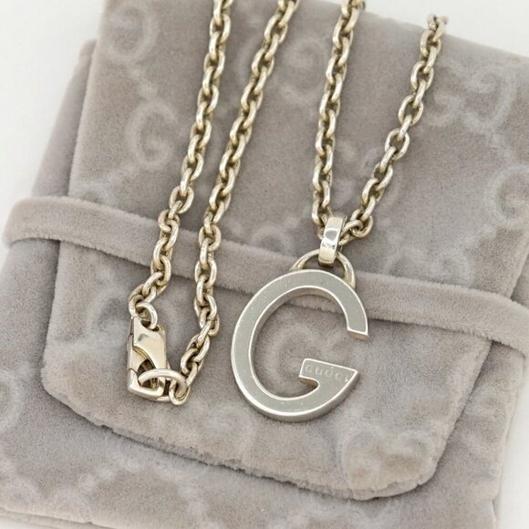 GUCCI G Logo Pendant Necklace 18" Silver 925 Auth w/Bag #22904 - Picture 1 of 9